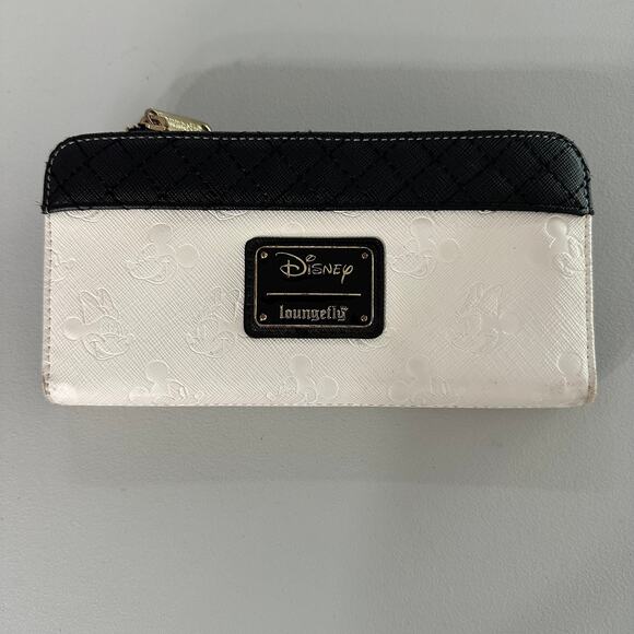 Loungefly Disney Mickey & Minnie Embossed Wallet Black White Faux Leather Zip - Picture 1 of 6